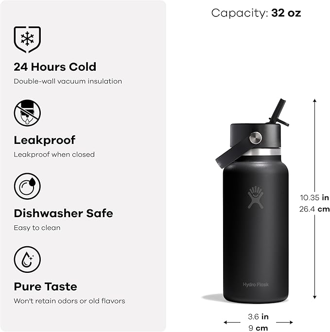 Hydro Flask Water Bottle - Insulated Stainless Steel - Wide Mouth Flex Straw Lid, Non Spill, Leakproof and Refillable in 32 Oz Popstar Pink