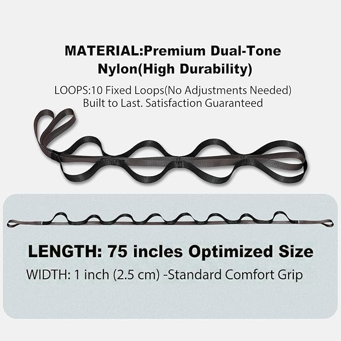 Stretching Strap with 10 Loops – Non-Elastic Yoga Strap for Physical Therapy, Knee Replacement Recovery & Plantar Fasciitis – Leg Stretcher Band for Flexibility & Hamstring Rehab