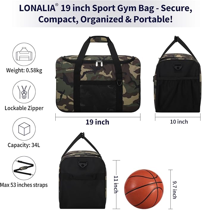 35L Sports Gym Duffle Bag - 19 inch Weekender Duffel for Workout, Basketball, Fitness, Training(Camo)