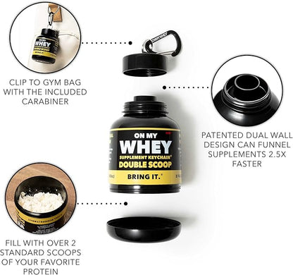 ONMYWHEY Protein Powder Container to Go - Travel Water Bottle Funnel for Mixes, Portable Pre Workout Supplement Containers & Dispenser Funnels, Mini Preworkout Supplements Holder Keychain Bottles
