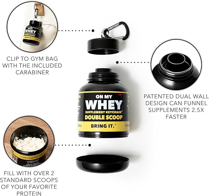 ONMYWHEY Protein Powder Container to Go - Travel Water Bottle Funnel for Mixes, Portable Pre Workout Supplement Containers & Dispenser Funnels, Mini Preworkout Supplements Holder Keychain Bottles