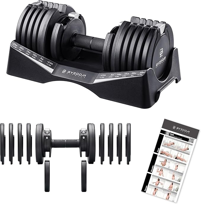 BYZOOM FITNESS Pure Series Adjustable Dumbbell - 12.5/25/27.5/75lb - ONE UNIT OR PAIR(check QTY before purchase) - 5-in-1/ 10-in-1 / 21-in-1 Flexible Hand Weights for Home Gym, Strength Training & Fitness Workouts, White OR Black