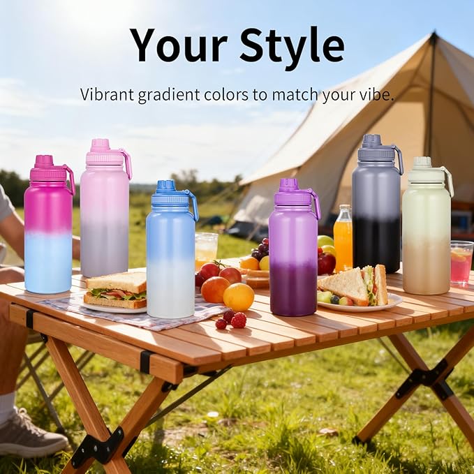 Motivational Water Bottle 32oz with Time Marker- Leakproof & BPA Free Sports Water Bottle with Straw & Carry Strap for Gym, Travel and Outdoor Sports (Stainless steel insulation-PurpleBlue)