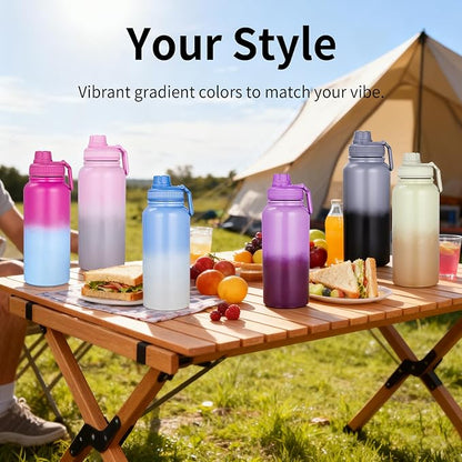Motivational Water Bottle 32oz with Time Marker- Leakproof & BPA Free Sports Water Bottle with Straw & Carry Strap for Gym, Travel and Outdoor Sports (Stainless steel insulation-PurpleBlue)