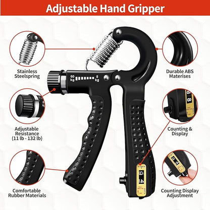 Adjustable Grip Strength Trainer Kit 5-in-1 with Counter, Hand Gripper & Finger Exerciser for Forearm Strength, Physical Therapy for Carpal Tunnel & Arthritis, Portable Workout Equipment for Rock Climbing & Gym, Gifts for Men