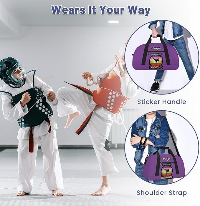 Custom Name Taekwondo Karate Duffle Bag for kids Girls - Personalized Martial Arts Gear Bag, Water-Resistant Sparring Equipment Bag, Taekwondo Purple