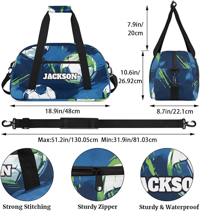Custom Boys Soccer Gym Duffel Bags for Kids with Personalized Name Sport Training Travel Bags for Overnight Weekender