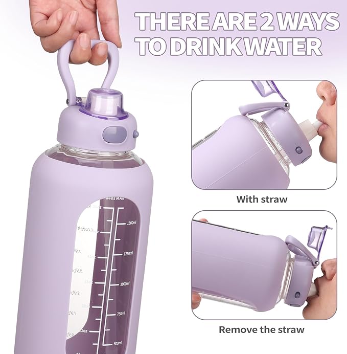 SIEROZUR 42 oz Glass Water Bottle with Straw and Handle Half Gallon Large Water Bottle with Silicone Sleeve and Time Marker Sports Water Jug Wide Mouth for Travel Gym