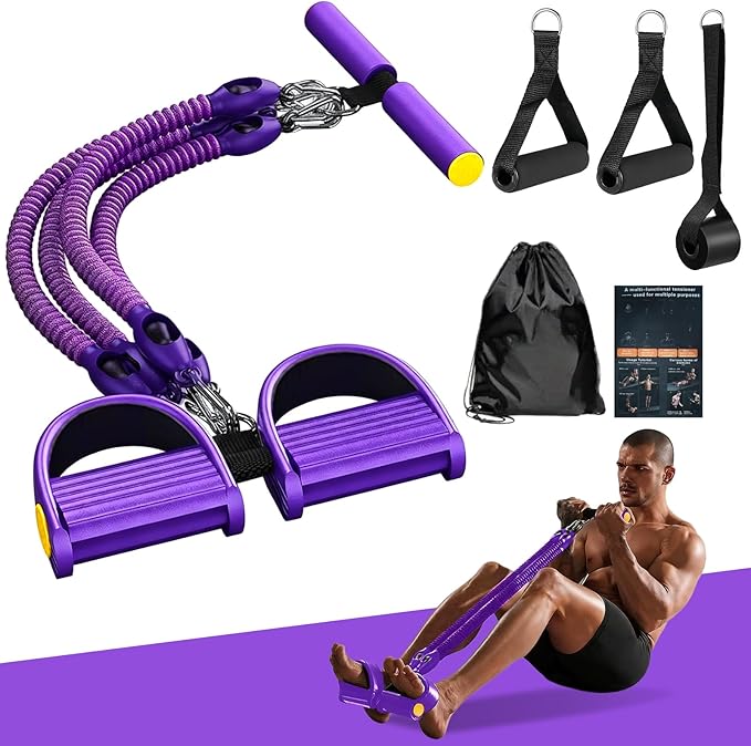 Pedal Resistance Band with Handle, Aturien Adjustable Powerful 4-Tube Elastic Bands for Exercise, Multifunctional Foot Pedal Puller, Home Workout Equipment for Legs Arms Abs
