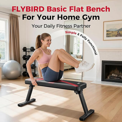 FLYBIRD Foldable Flat Weight Bench For Home Gym, Sturdy Strength Training Workout Bench, Space-saving Bench Press Flat Exercise Bench, Easy to Assemble