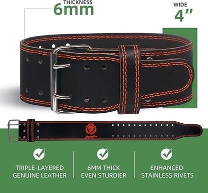 Weight lifting Belt (6mm Thick) - Genuine leather, offering back support. Double-pronged buckle, ideal for weightlifting, powerlifting, squats and deadlifts