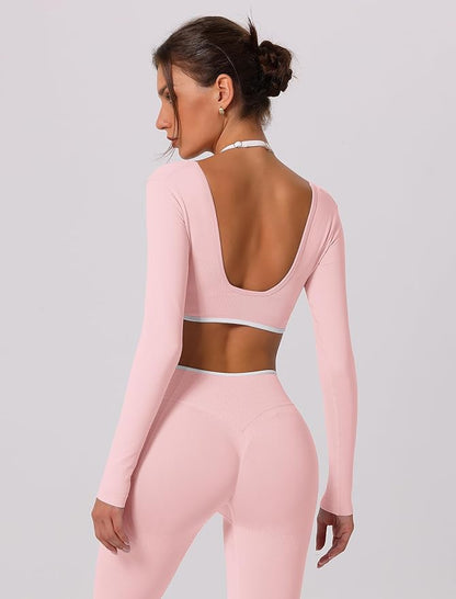 ABOCIW Workout Sets for Women Long Sleeve Crop Top Scrunch Butt Lifting High Waist Leggings 2 Piece Gym Yoga Outfits
