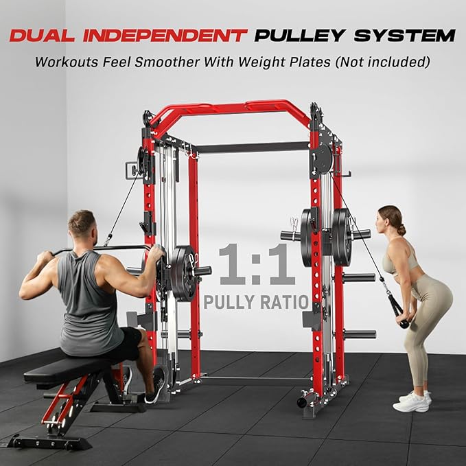 Power Cage Home Gym, Dual Pulley Cable Crossover System, All-in-One Squat Power Rack with Strength Training Attachments for Full-Body Workouts