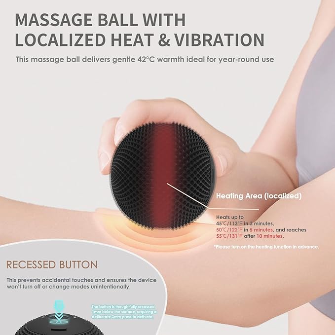 Heating Vibrating Massage Ball with 7 Modes & Memory Function for Myofascial Release, Deep Tissue and Trigger Point Muscle Therapy - Targets Back, Hip, Leg, Neck & Foot (Black)