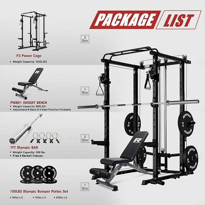 RitFit Multi-Function Garage & Home Gym Package Includes 1200LBS Power Cage PPC03/P3 with Cable Crossover System, Weight Bench, Olympic Barbell Weight Set, Full Body Workout