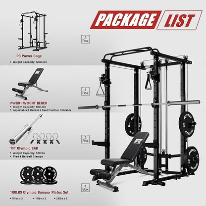 RitFit Multi-Function Garage & Home Gym Package Includes 1200LBS Power Cage PPC03/P3 with Cable Crossover System, Weight Bench, Olympic Barbell Weight Set, Full Body Workout