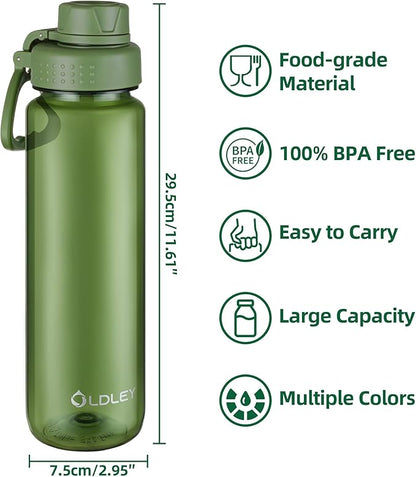 OLDLEY 32 oz Water Bottle, Sports Tritan Water Bottle with Carry Handle and Spout Lid, Leakproof & BPA Free Large Water Bottles for Home,Travel, School, Outdoors, Gym, Olive Green