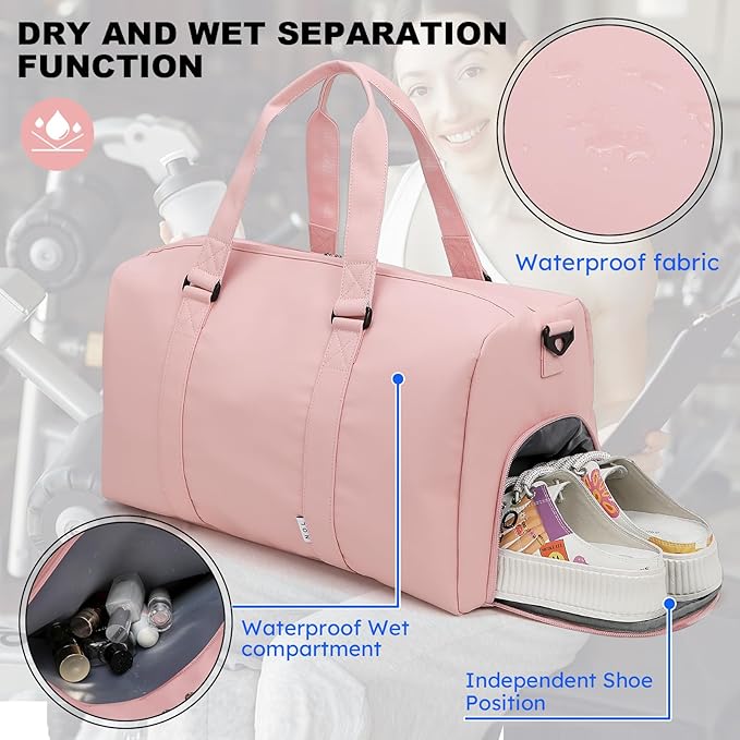 NOL Waterproof Gym Duffle Bag for Men & Women with Shoe & Wet Compartments, Multiple Pockets | Adjustable Shoulder Strap for Sports, Travel, Fitness, Workout & Hospital Use, Pink