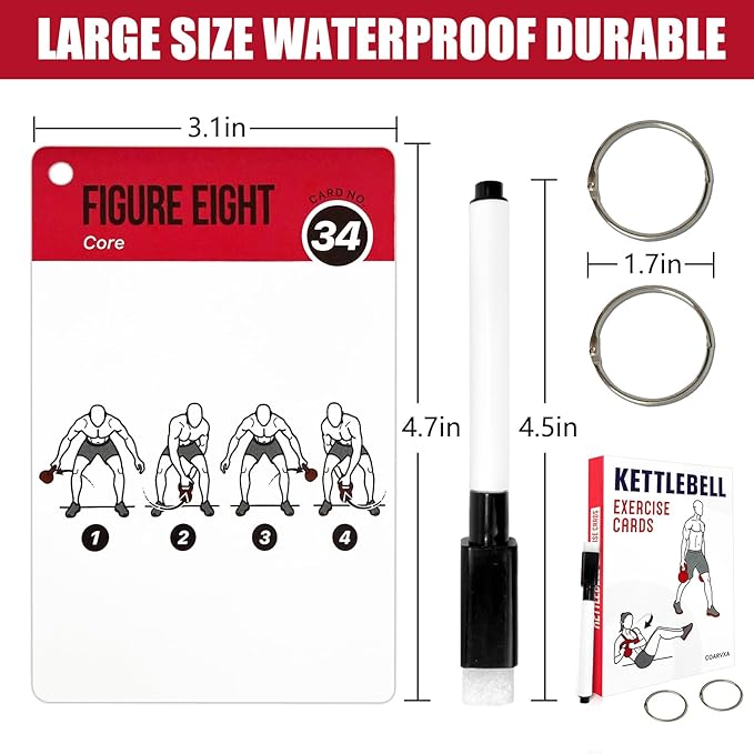 Kettlebell Cards for Women & Men-50 Kettlebell Workout Cards，Includes 2 Rings& Dry-Erase for Easy Organization-Home, Gym or Studio (Kettlebell)