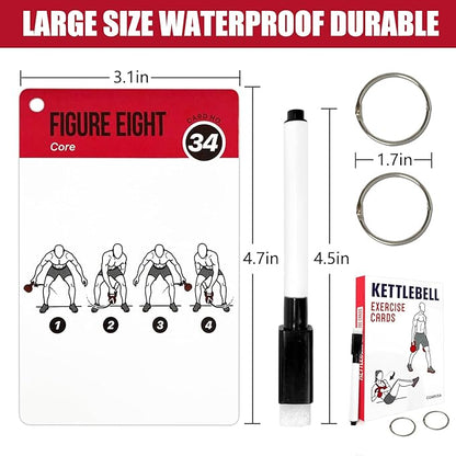 Kettlebell Cards for Women & Men-50 Kettlebell Workout Cards，Includes 2 Rings& Dry-Erase for Easy Organization-Home, Gym or Studio (Kettlebell)