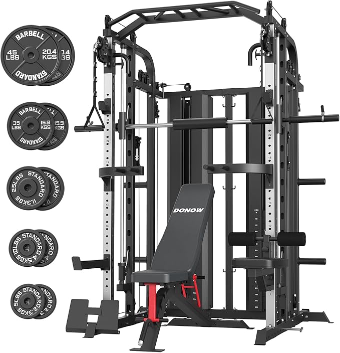 DONOW Smith Machine with Weight Stacks, Multi Function Home Gym System Training Power Cage Squat Rack Dual Cable Crossover Machine All in One