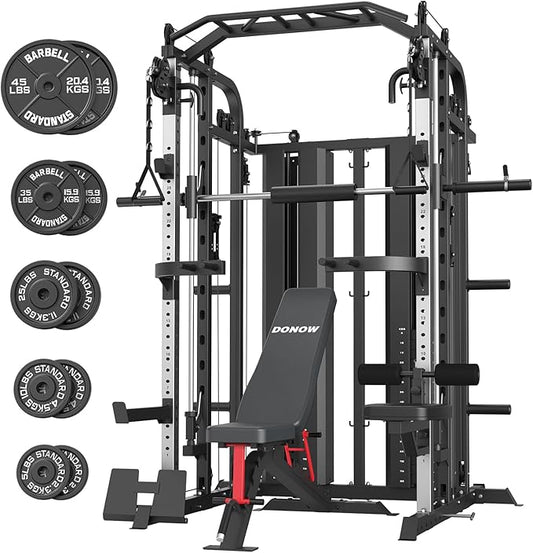 DONOW Smith Machine with Weight Stacks, Multi Function Home Gym System Training Power Cage Squat Rack Dual Cable Crossover Machine All in One