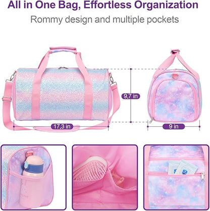 Bagseri Dance Bag for Girls - Kids Duffle with Shoe Compartment, Gymnastics Tote for Sleepover Travel with Water Resistant Wet Pocket (Tie-dye,Pink)