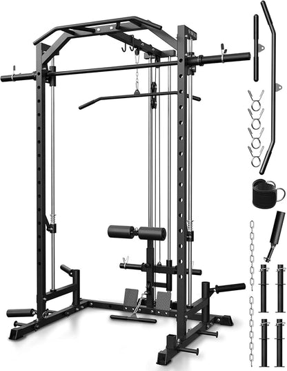 Mikolo Smith Machine Home Gym Power Cage (1:1 Ratio Strength Trainer) (Space Saving Design) (with 8 Free Attachments) Squat Rack for Full Body Training