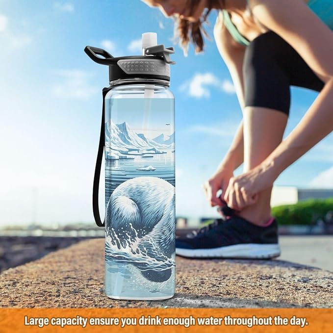ALAZA Polar Bear Swim Winter Sports Water Bottle with Straw Tritan Drink Bottle 32 oz BPA Free Reusable for Travel Outdoor Fitness