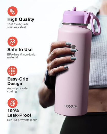 Coolflask Water Bottle 40 oz Insulated with Straw, Stainless Steel Metal 3 Lids Water Flask for Sports or Office, Keep Cold 48H Hot 24H, Pink