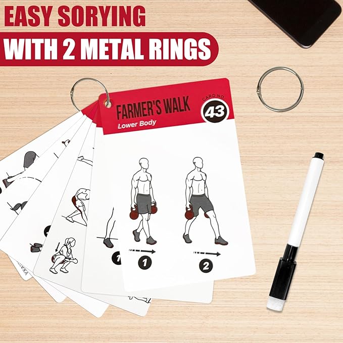 Kettlebell Cards for Women & Men-50 Kettlebell Workout Cards，Includes 2 Rings& Dry-Erase for Easy Organization-Home, Gym or Studio (Kettlebell)