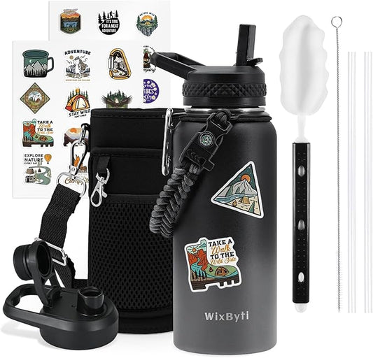 32 oz Insulated Water Bottle with Straw, Stainless Steel Triple Wall Vacuum Sports Water Jug, Leakproof Hydro Cup Flask with Paracord Handle & Straw Spout Lids & DIY Stickers