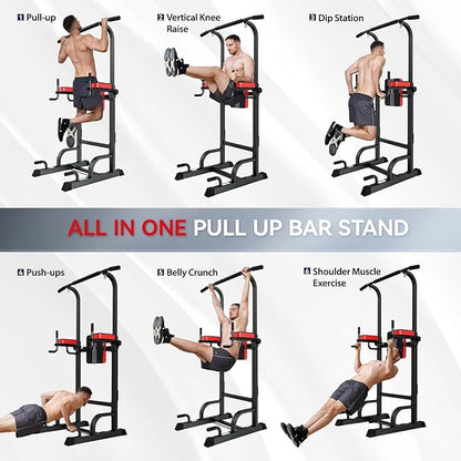 Power Tower Dip Station Pull Up Bar for Fitness Home Gym Workout,Multi-Function Adjustable Height Fitness Strength Training Exercise Equipment,with Power Elastic Ropes