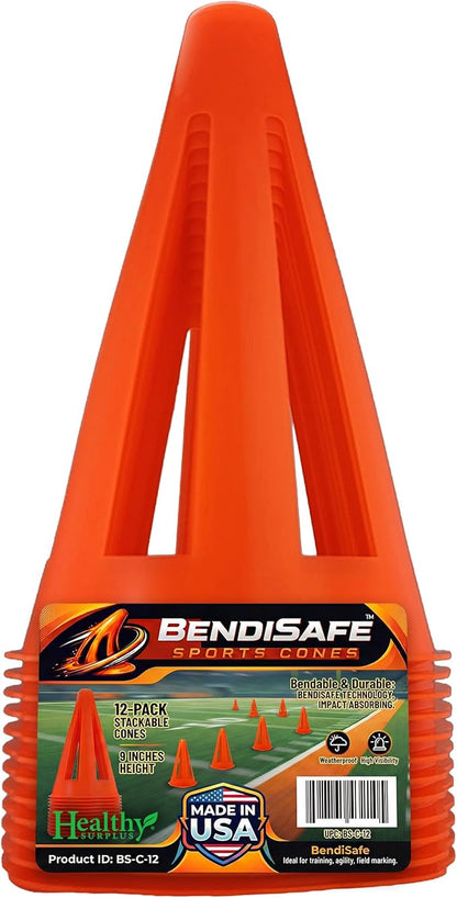 Soccer Training Cones Set of 12 - Flexible Agility Marker Cones for Soccer, Football & Basketball Drills- 9” Tall with 6” Base – High Visibility Orange Field Marker Cones - Made in USA - BendiSafe
