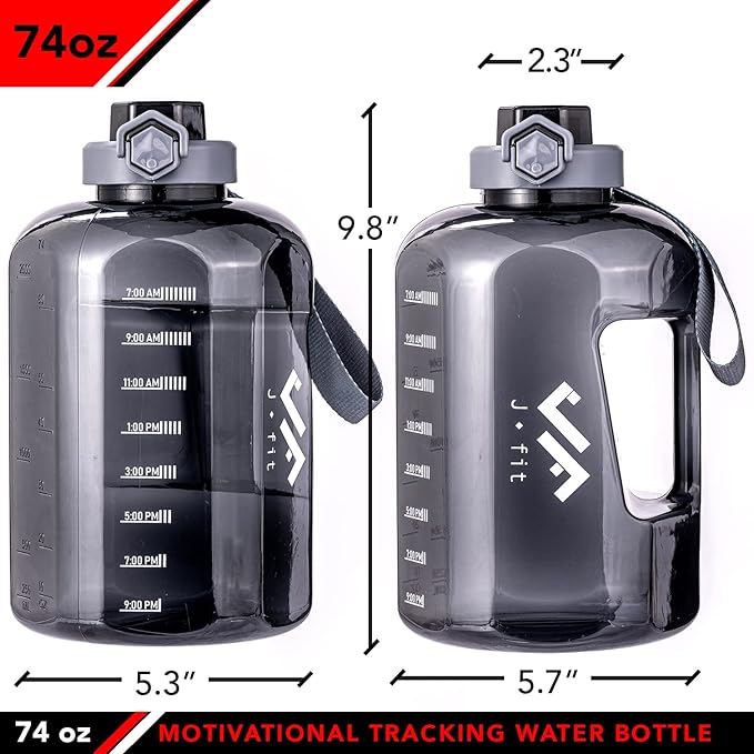 JFIT BPA Free Reusable Sports Water Bottle w/Time Markers, Leakproof Flip-Top Lid & Carry Strap – Durable PETG, 2.28" Wide-Mouth for Ice – Eco-Friendly, Odor-Free & Easy to Clean