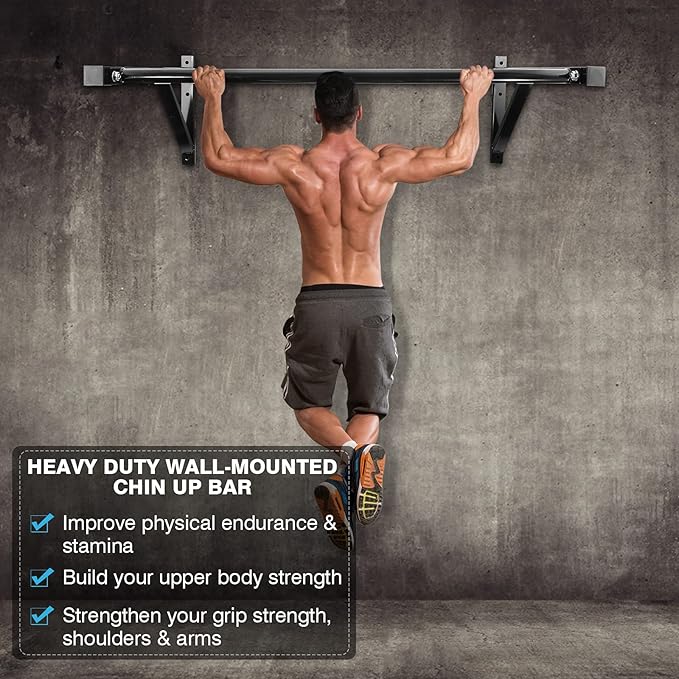 IRONWALLS Pull Up Bar Wall Mounted Home Gym, 500lbs Capacity Heavy Duty Iron Chin Up Bar Upper Body Workout Bar for Strength Training Equipment, Fitness Exercise Frame for Indoor Outdoor Use