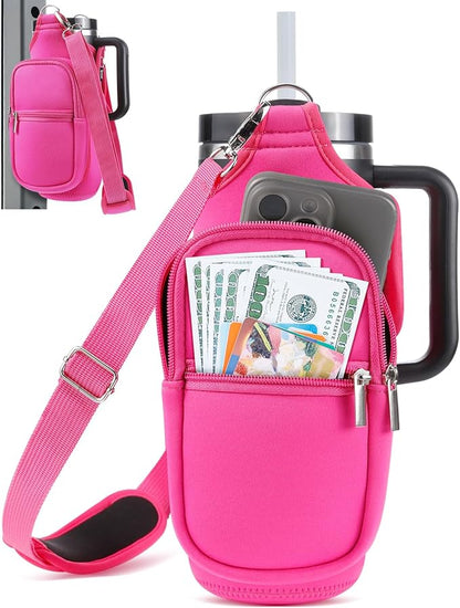 IPOW Magnetic Gym Bag Water Bottle Carrier Holder with Phone Pockets & Shoulder Strap for Men Women,Water Bottle Holder, Gym Pouch, Crossbody Bag for Travel, Sports, Work, Fitness - Rose Pink