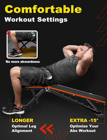 LINODI Adjustable Weight Bench for Home Gym，Foldable Incline Decline Flat Workout Bench for Full Body Strength Training, Dumbbell Press & Ab Exercises