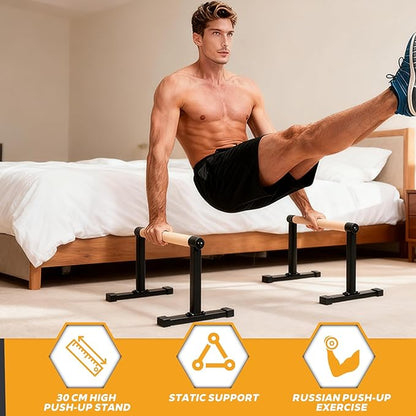 Wooden Parallel Bars 20" Length 12" Height,Dip Bar with Thick Beech Handles, Push-up stands for Handstand, L-Sit, Gymnastics, Strength Training Home Gym,Anti-slip Mats, Easy to Install,700lbs