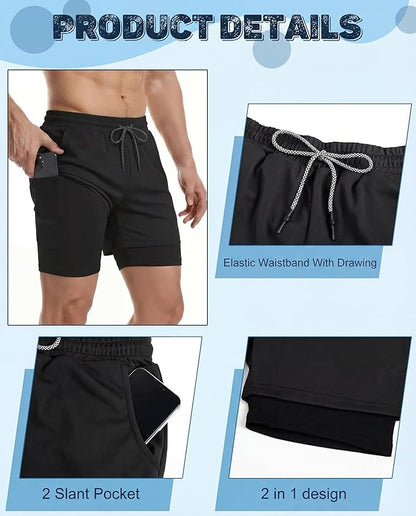Sureio 3 Pcs Men's 2 in 1 Workout Running Shorts 5 Inch Quick Dry Athletic Gym Shorts with Liner and Side Pockets Towel Loop