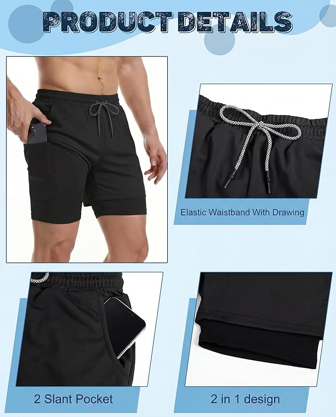 Sureio 3 Pcs Men's 2 in 1 Workout Running Shorts 5 Inch Quick Dry Athletic Gym Shorts with Liner and Side Pockets Towel Loop