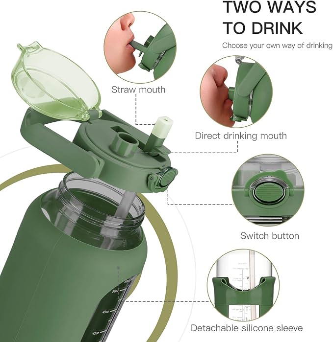 64oz Glass Water Bolttles with Straw Half Gallon Large Motivational Water Bottle with Time Marker Sports Water Bottles with Silicone Sleeve and Handle Lid Water Jug for Gym Workout