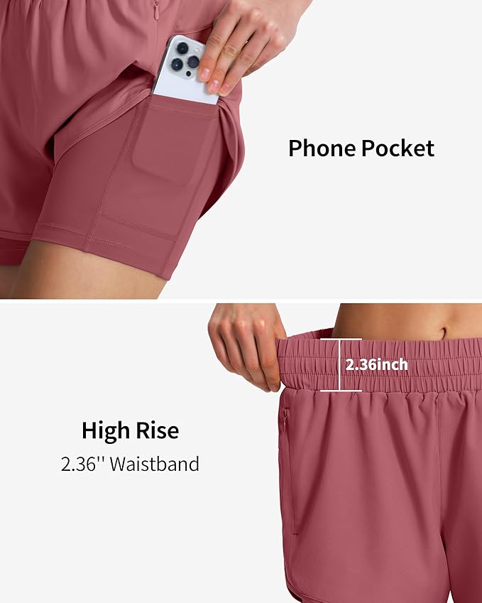 Ksmien Women's 2 in 1 Running Shorts Quick Dry Athletic Gym Workout Shorts with Liner Phone Pockets
