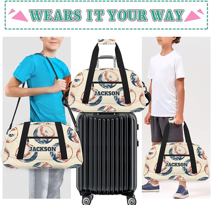 Personalized Baseball Gym Duffel Bags for Kids Boys with Custom Name Sport Travel Bags for Training Overnight Weekender, Beige