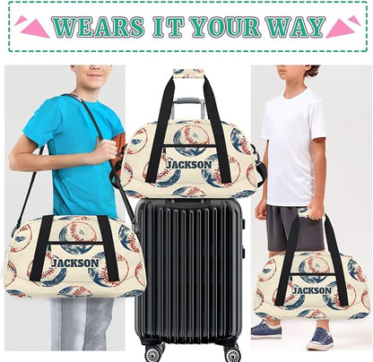 Personalized Baseball Gym Duffel Bags for Kids Boys with Custom Name Sport Travel Bags for Training Overnight Weekender, Beige