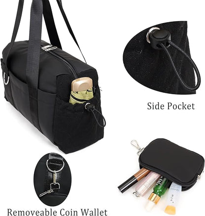 Everyday Mini Gym Bag for Women 2.0, Small Tote with Zipper Compartment Waterproof Travel Duffle Cute Handbag Workout Carry On with Removeable Shoulder Strap & Coin Wallet Easy to Clean - Black