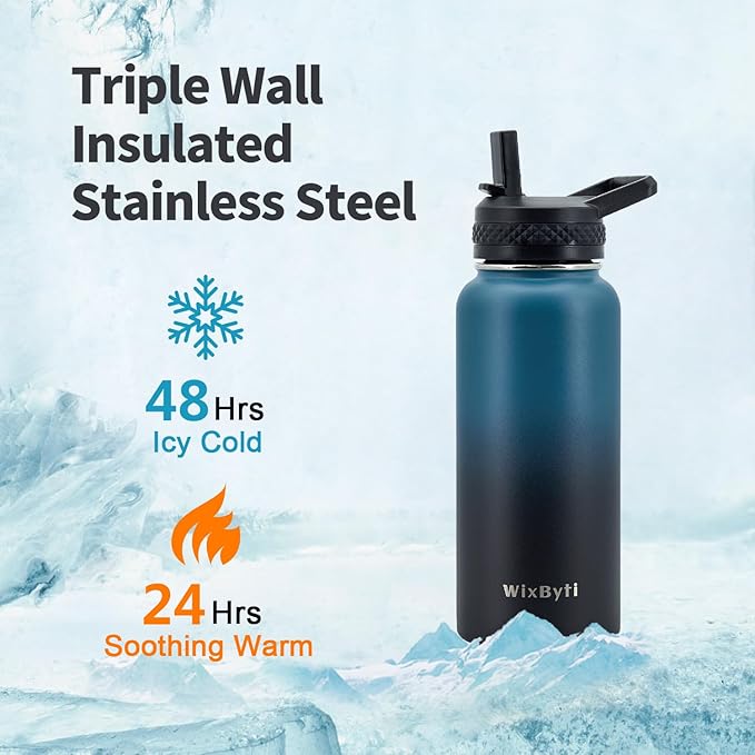 32 oz Insulated Water Bottle with Straw, Stainless Steel Triple Wall Vacuum Sports Water Jug, Leakproof Hydro Cup Flask with Paracord Handle & Straw Spout Lids & DIY Stickers