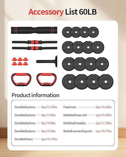 Adjustable Dumbbells,20/30/40/60/80lbs Free Weight Set with Connector, 4 in1 Dumbbells Set Used as Barbell/Kettlebells/Push up Stand, Fitness Workout Equipment for Home Gym for Youth,Women/Men