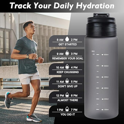 27oz Sports Water Bottle with Removable Filter, Motivational Water Bottle with Capacity Marker, Leakproof Drinking Water Bottle with Handle for Travel Fitness Gym Outdoor (Black)