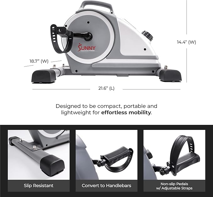 Sunny Health & Fitness Smart Under-Desk Bike Exerciser, Low-Impact Cardio Cycling Equipment for Home/Office, Mini Paddler for Arm/Leg Mobility Training, Free SunnyFit App Connect, Optional Motorized